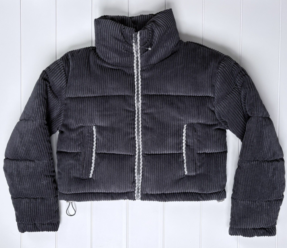 7 For All Mankind Corduroy Cropped Puffer Jacket Gray Contrast Trim Lined XS